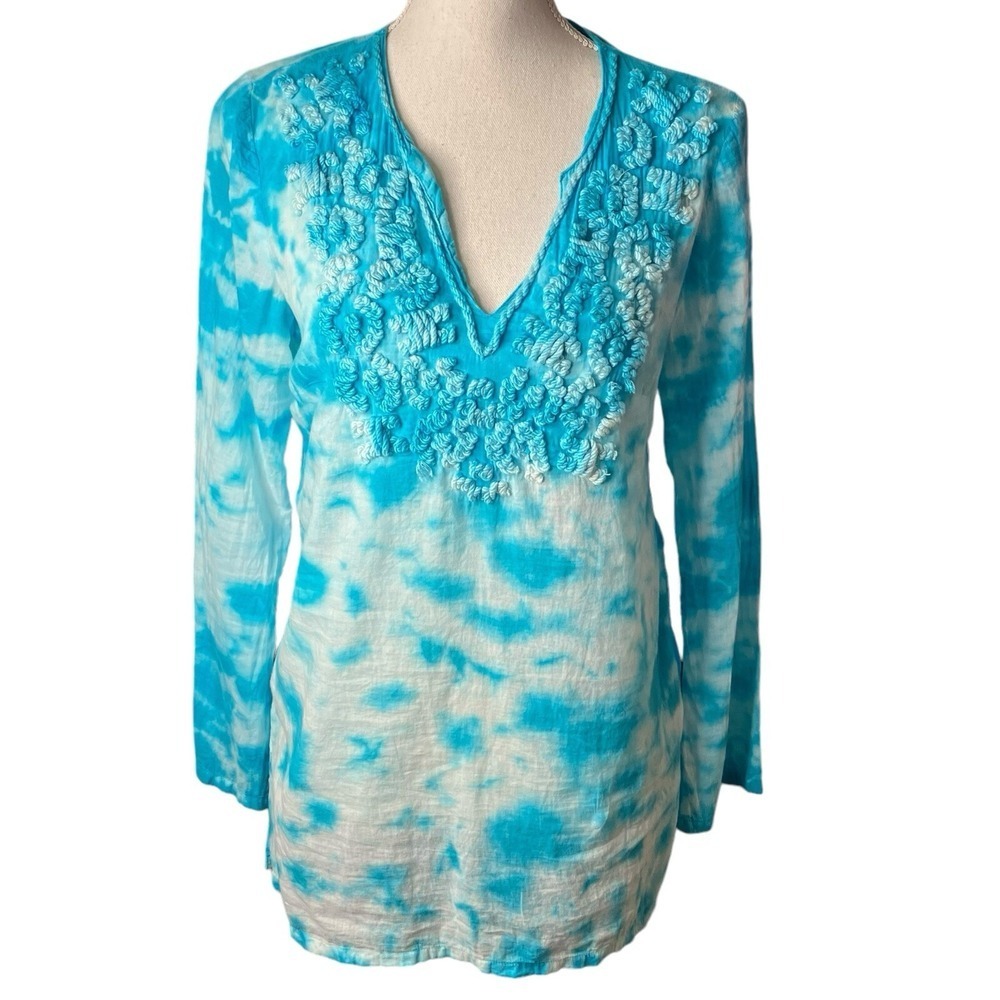 Michael Kors Turquoise Tie Dye Embroidered Womens‎ Long Sleeve Tunic Top